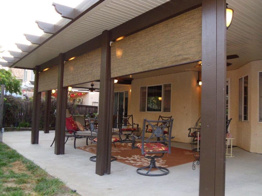 Brown solid patio cover over a furnished patio